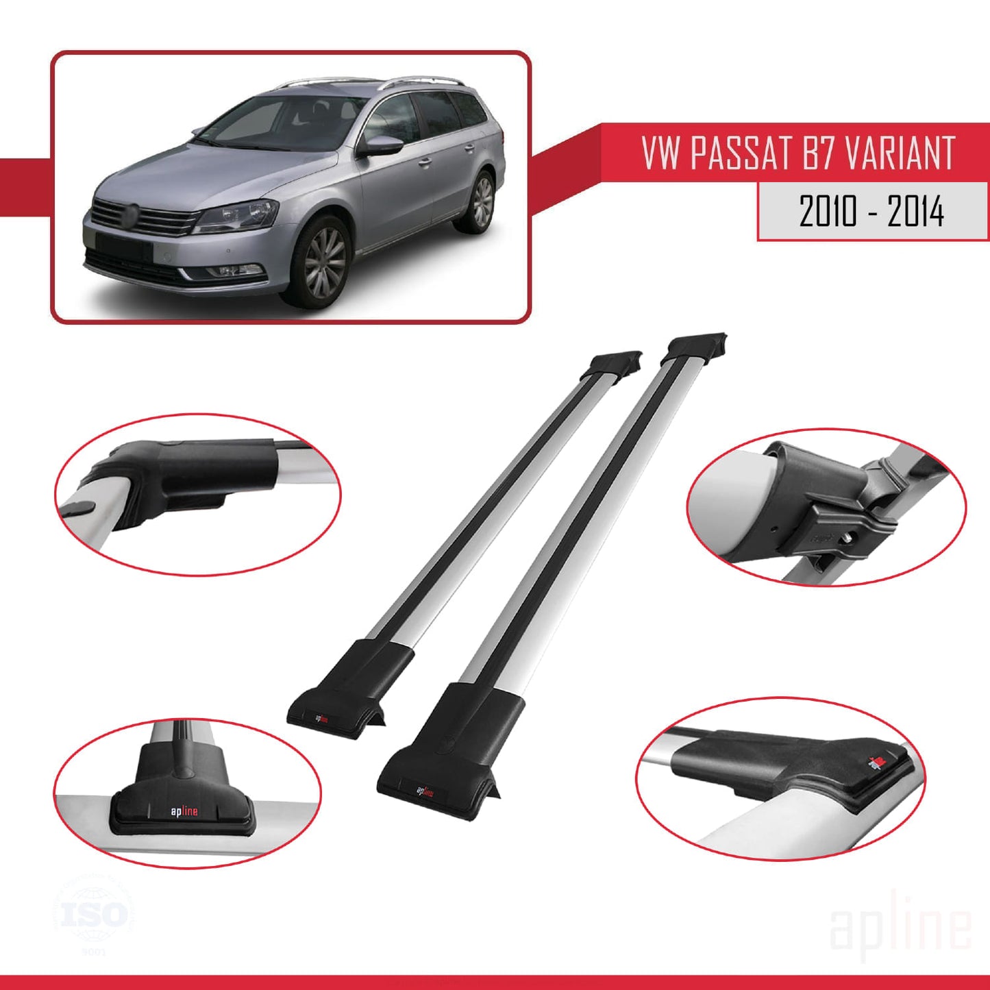 Compatible avec Volkswagen Passat B7 (3C) Variant 2010-2014 FLY Model Barres de Toit Railing Porte-Bagages de Voiture Gris Aluminium 2 Barres