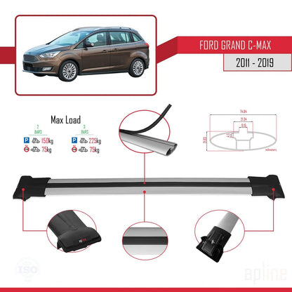 Compatible avec Ford Grand C-Max (C344) 2011-2019 FLY Model Barres de Toit Railing Porte-Bagages de Voiture Gris Aluminium 2 Barres
