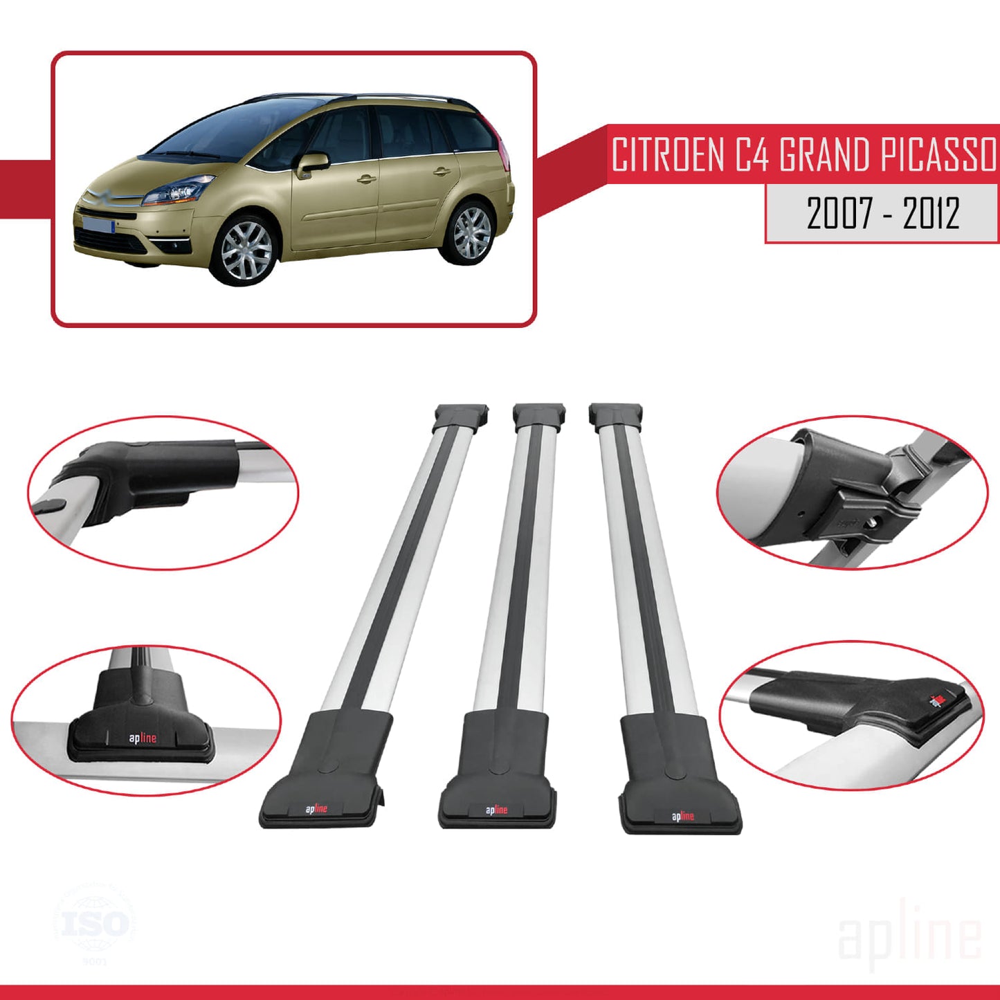 Kompatibel mit Citroen Grand C4 Picasso 2007-2012 FLY Modell Dachgepäckträger, graues Aluminium, 3 Stangen