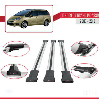Kompatibel mit Citroen Grand C4 Picasso 2007-2012 FLY Modell Dachgepäckträger, graues Aluminium, 3 Stangen