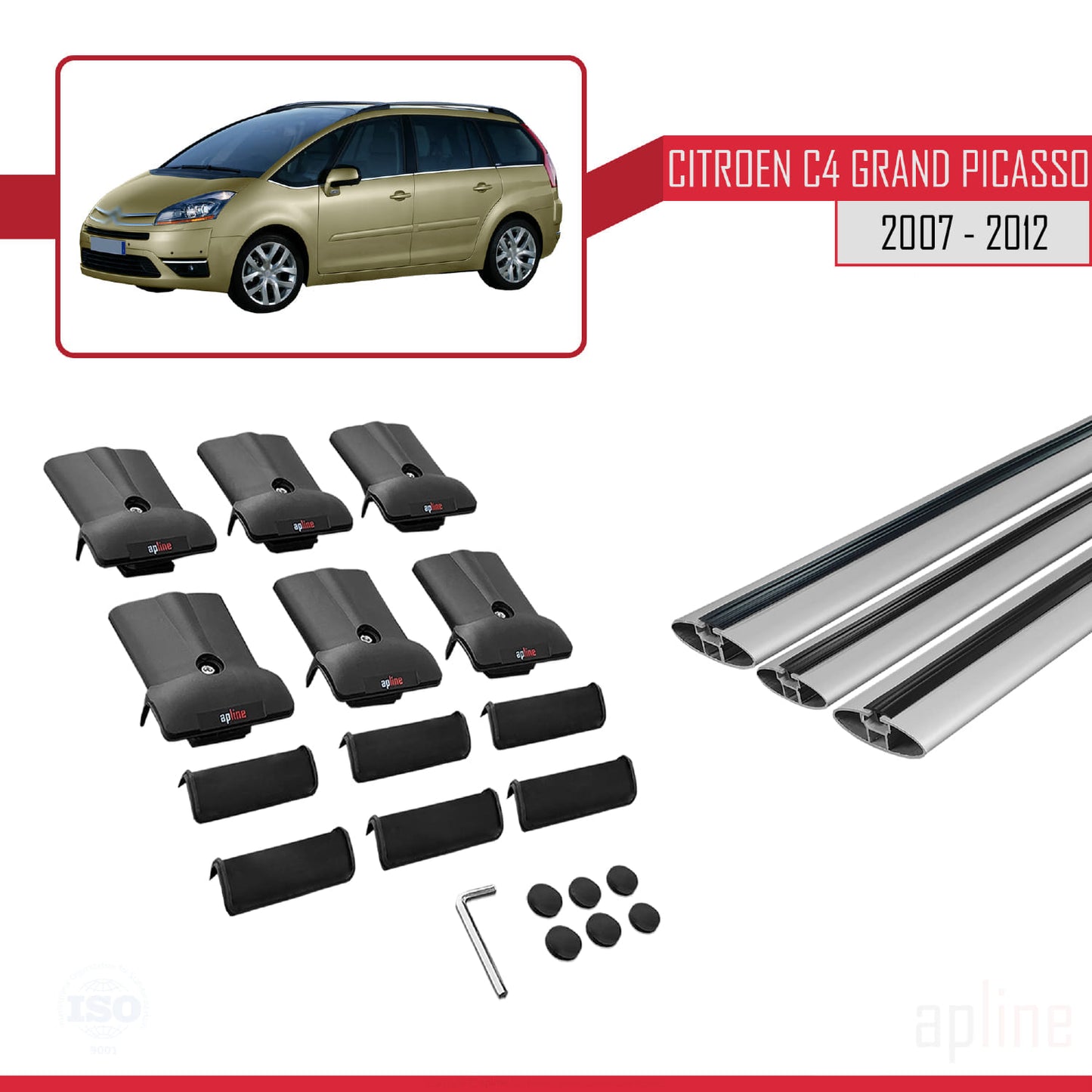 Kompatibel mit Citroen Grand C4 Picasso 2007-2012 FLY Modell Dachgepäckträger, graues Aluminium, 3 Stangen