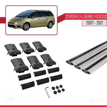 Kompatibel mit Citroen Grand C4 Picasso 2007-2012 FLY Modell Dachgepäckträger, graues Aluminium, 3 Stangen