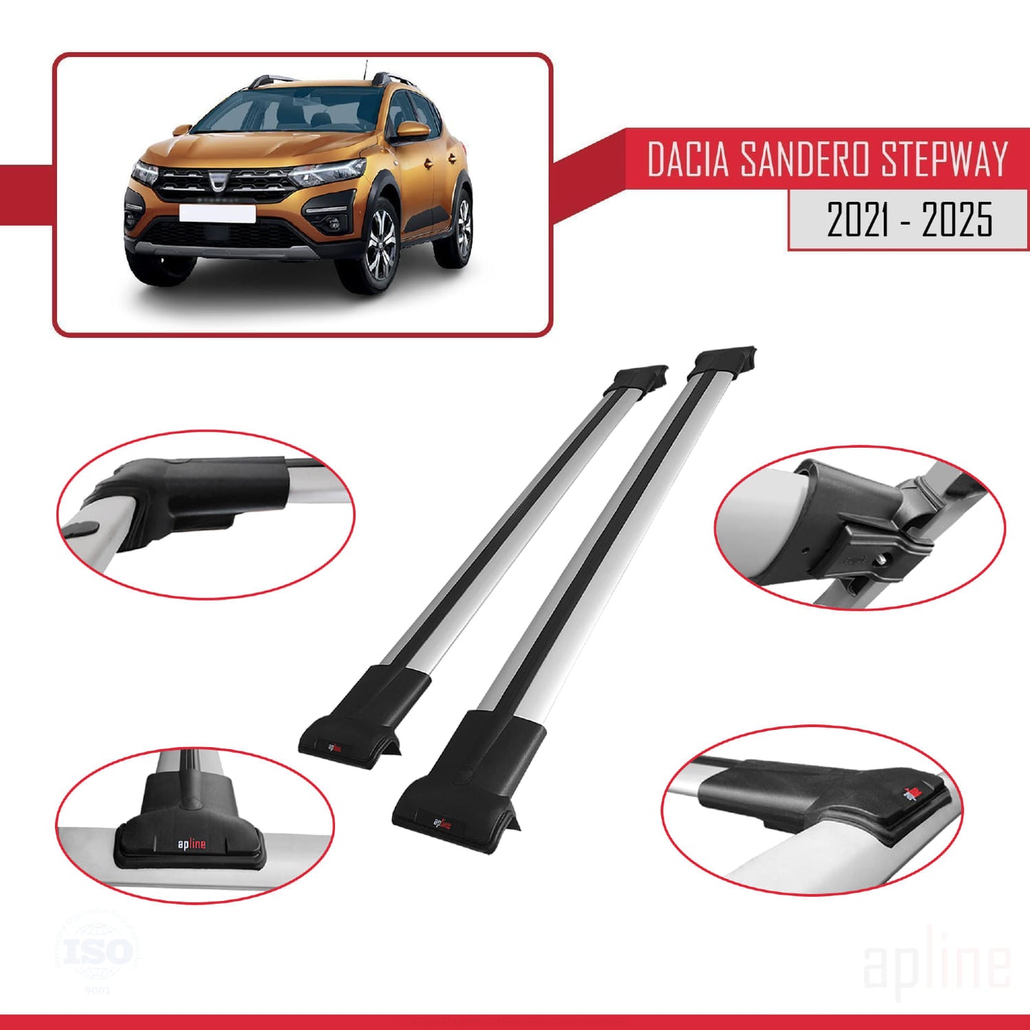 Kompatibel mit Dacia Sandero Stepway 3 2021-2025 FLY Modell Dachgepäckträger, Reling, Gepäckträger, graues Aluminium, 2 Stangen