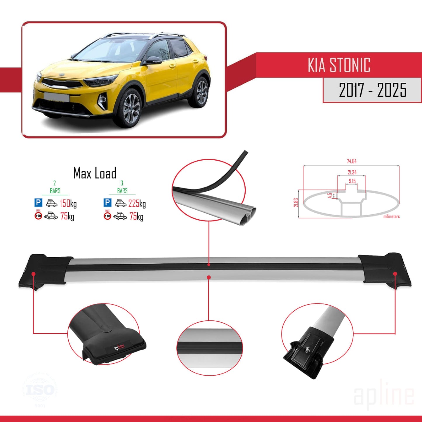 Compatible avec Kia Stonic 2017-2025 FLY Model Barres de Toit Railing Porte-Bagages de Voiture Gris Aluminium 2 Barres