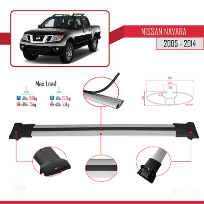 Compatible avec Nissan Navara 3 (D40) 2005-2014 FLY Model Barres de Toit Railing Porte-Bagages de Voiture Gris Aluminium 2 Barres
