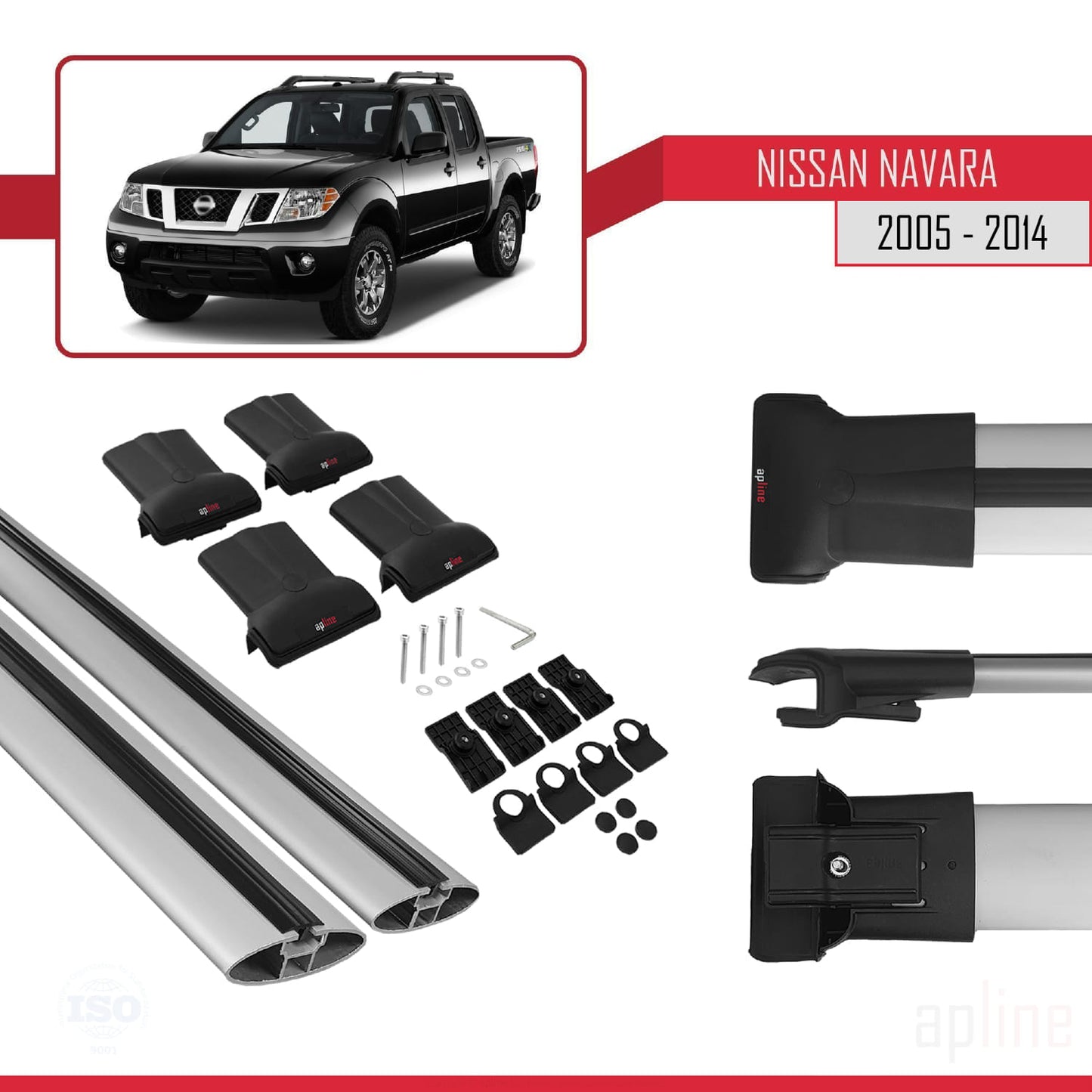 Compatible avec Nissan Navara 3 (D40) 2005-2014 FLY Model Barres de Toit Railing Porte-Bagages de Voiture Gris Aluminium 2 Barres
