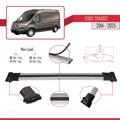 Compatible avec Ford Transit 2014-2025 FLY Model Barres de Toit Railing Porte-Bagages de Voiture Gris Aluminium 2 Barres