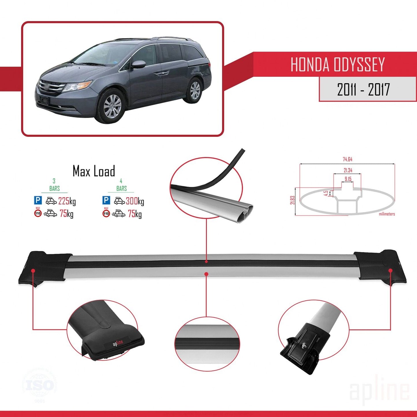 Compatible avec Honda Odyssey 2011-2017 FLY Model Barres de Toit Railing Porte-Bagages de Voiture Gris Aluminium 3 Barres