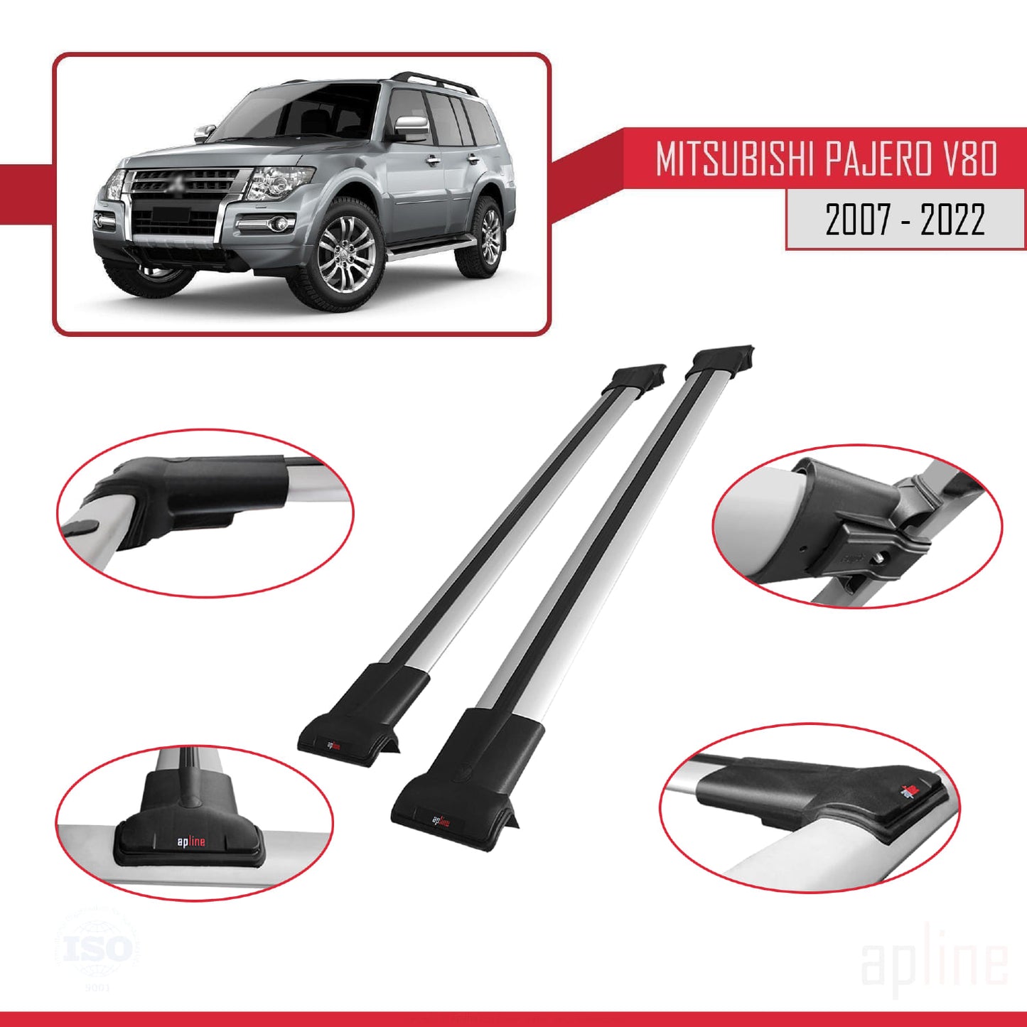 Compatible with Mitsubishi Pajero (V80) 2007-2022 FLY Model Car Roof Rack Cross Bar Grey Aluminium 2 Bars