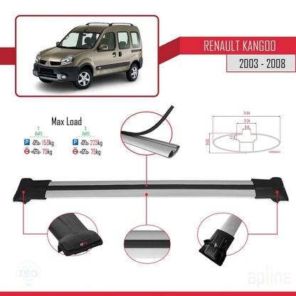 Compatible avec Renault Kangoo (X76) Post-Facelift 2003-2008 FLY Model Barres de Toit Railing Porte-Bagages de Voiture Gris Aluminium 2 Barres