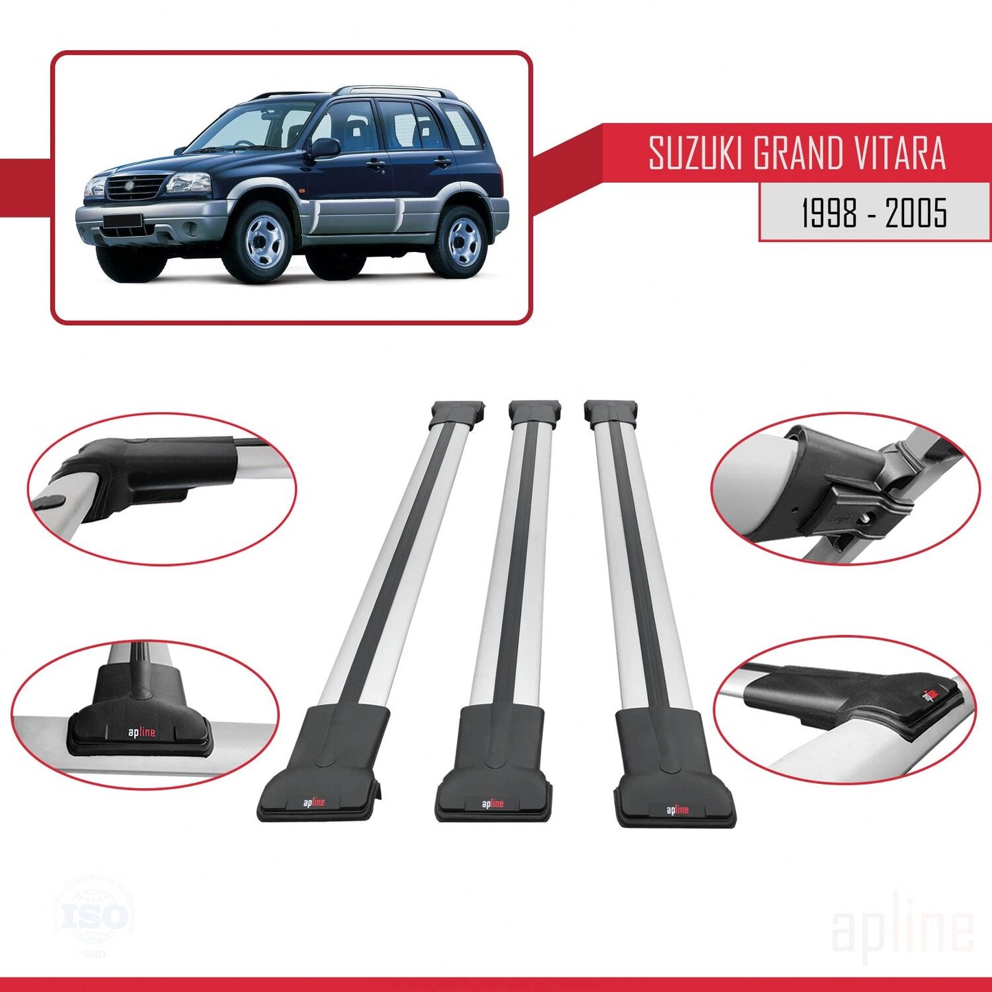 Compatible avec Suzuki Grand Vitara (FT) 1998-2005 FLY Model Barres de Toit Railing Porte-Bagages de Voiture Gris Aluminium 3 Barres