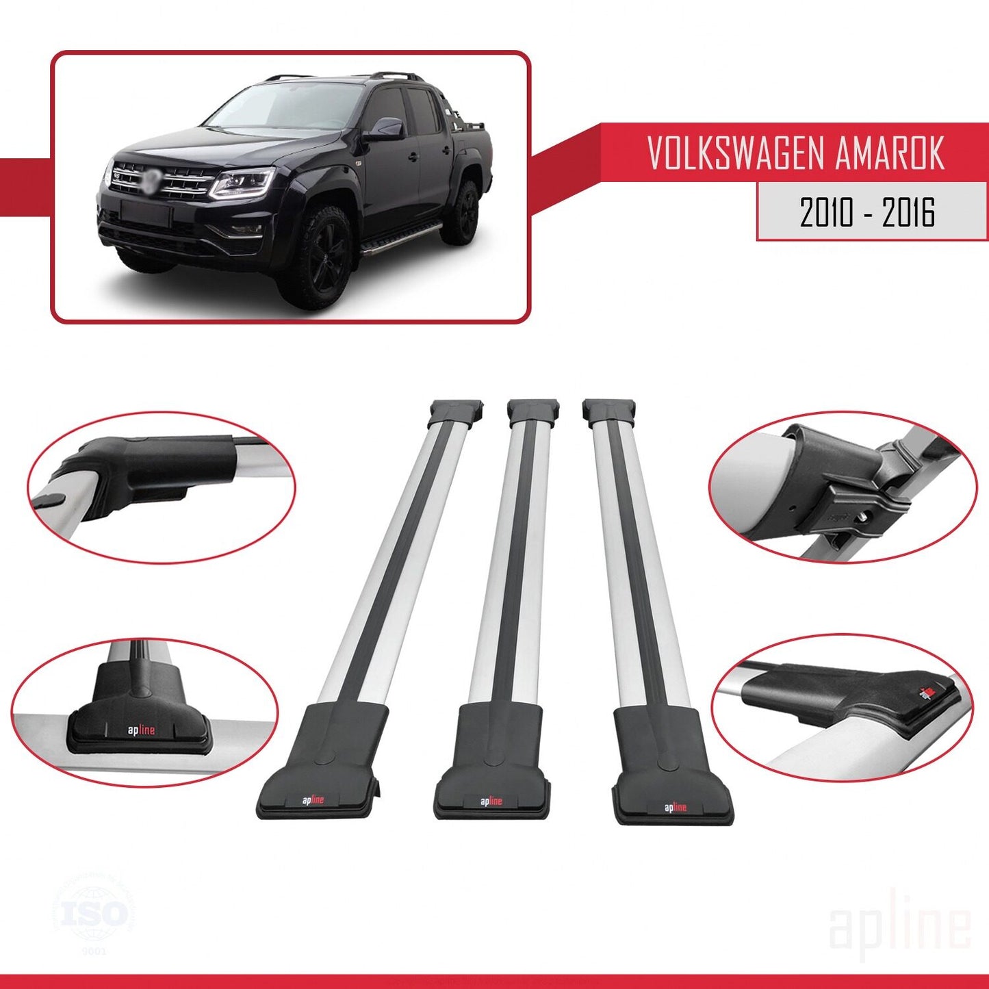 Compatible avec Volkswagen Amarok (2F) Pre-Facelift 2010-2016 FLY Model Barres de Toit Railing Porte-Bagages de Voiture Gris Aluminium 3 Barres