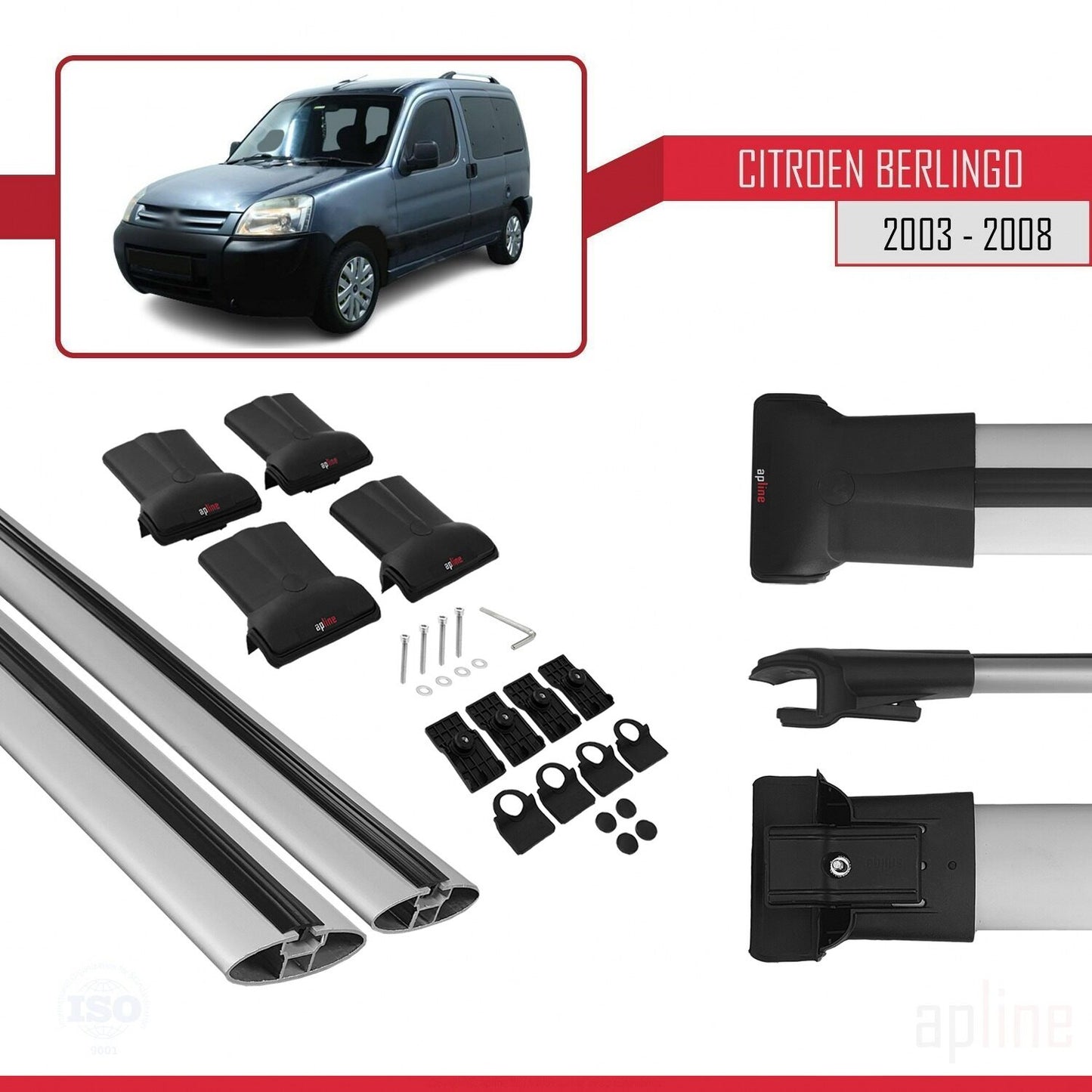 Compatible avec Citroen Berlingo (M59) 2003-2008 FLY Model Barres de Toit Railing Porte-Bagages de Voiture Gris Aluminium 2 Barres