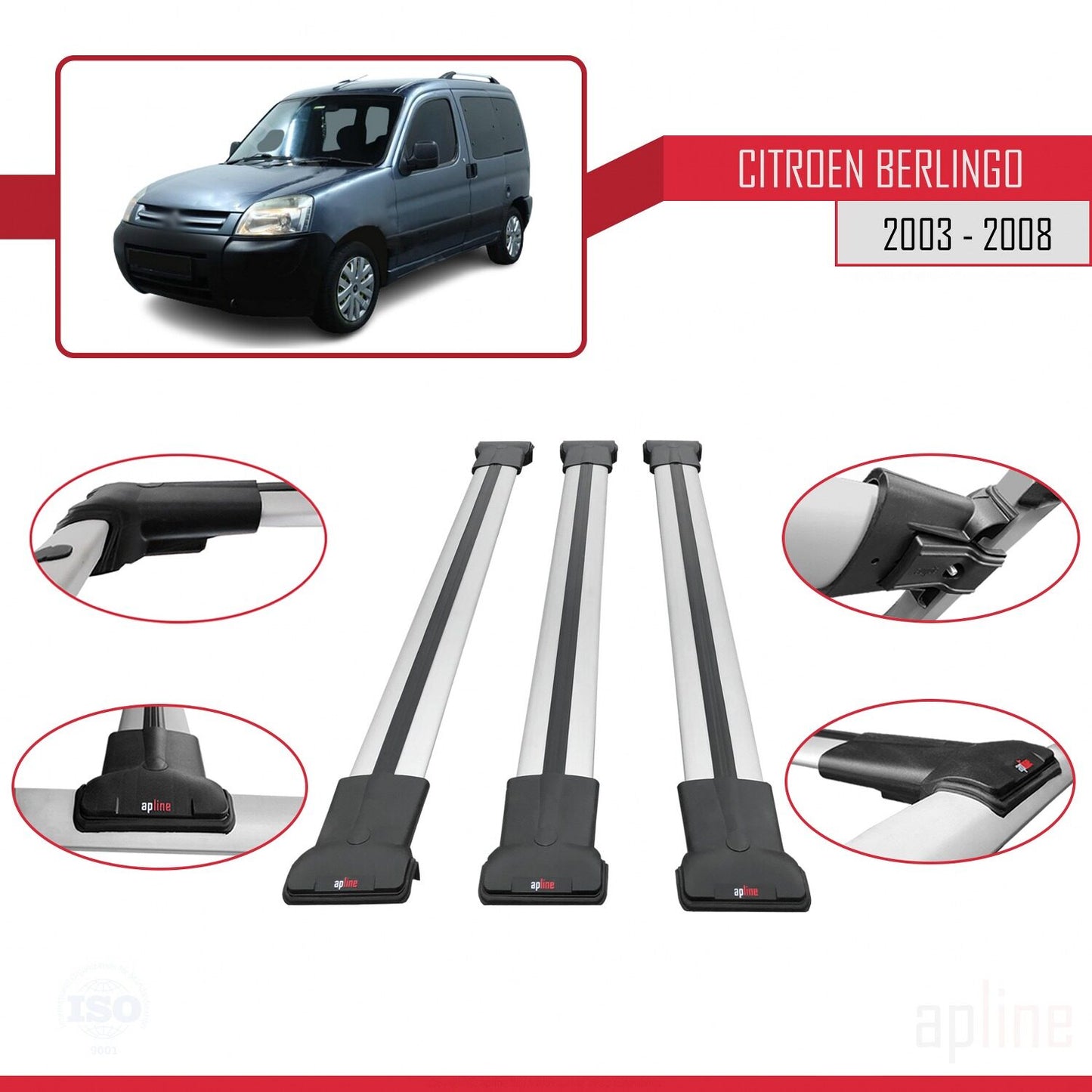 Compatible avec Citroen Berlingo (M59) 2003-2008 FLY Model Barres de Toit Railing Porte-Bagages de Voiture Gris Aluminium 3 Barres