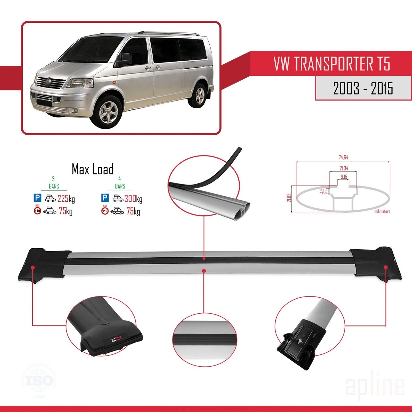 Compatible avec Volkswagen T5 Transporter 2003-2015 FLY Model Barres de Toit Railing Porte-Bagages de Voiture Gris Aluminium 3 Barres