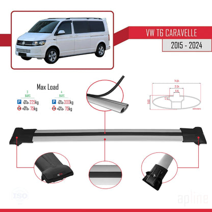 Compatible avec Volkswagen T6 Caravelle 2015-2024 FLY Model Barres de Toit Railing Porte-Bagages de Voiture Gris Aluminium 3 Barres