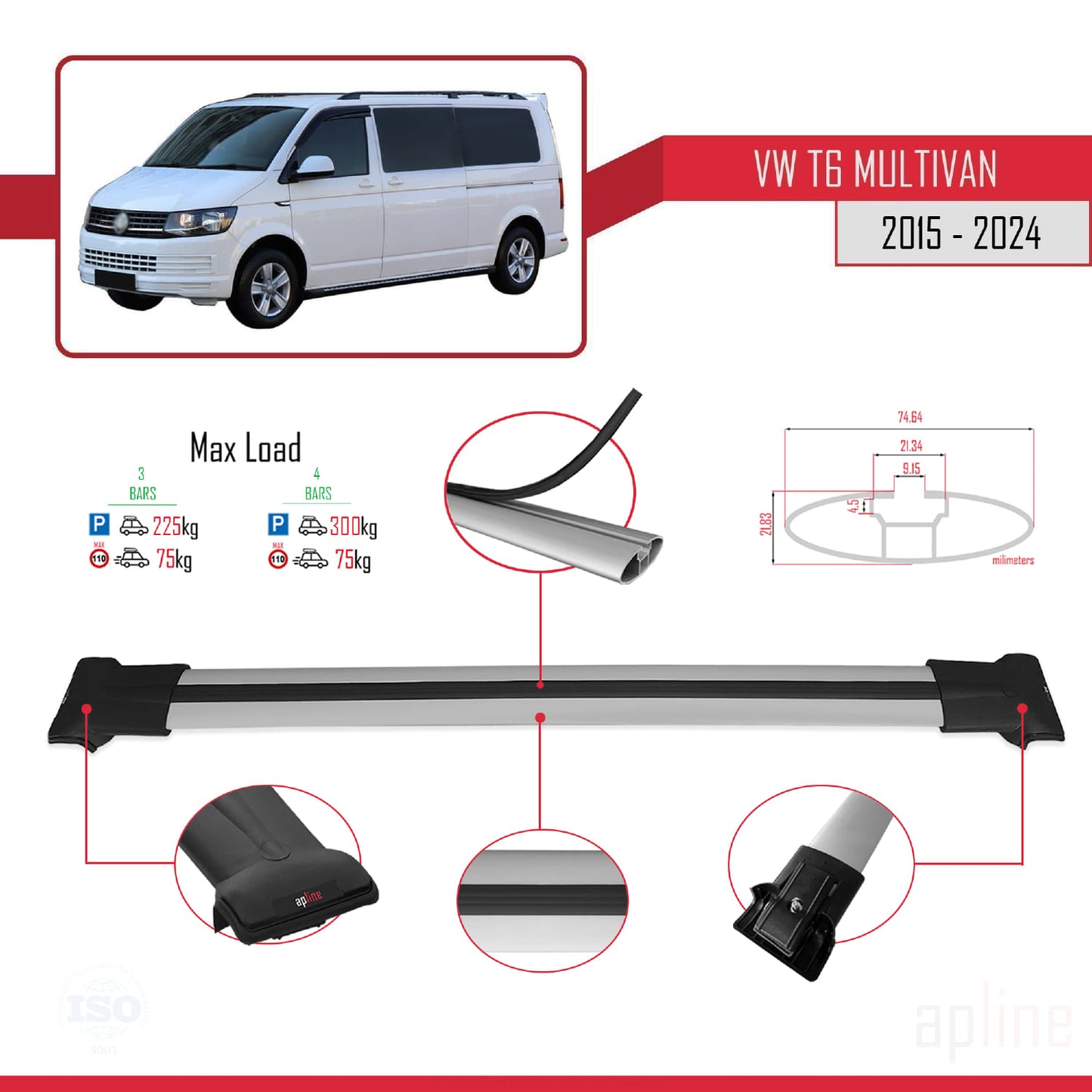 Compatible avec Volkswagen T6 Multivan 2015-2024 FLY Model Barres de Toit Railing Porte-Bagages de Voiture Gris Aluminium 4 Barres