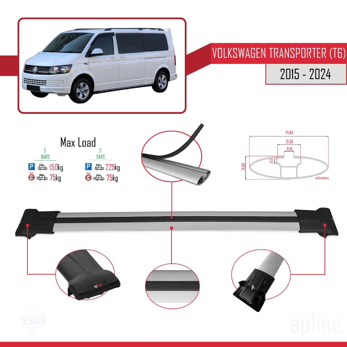 Compatible avec Volkswagen T6 Transporter 2015-2024 FLY Model Barres de Toit Railing Porte-Bagages de Voiture Gris Aluminium 2 Barres