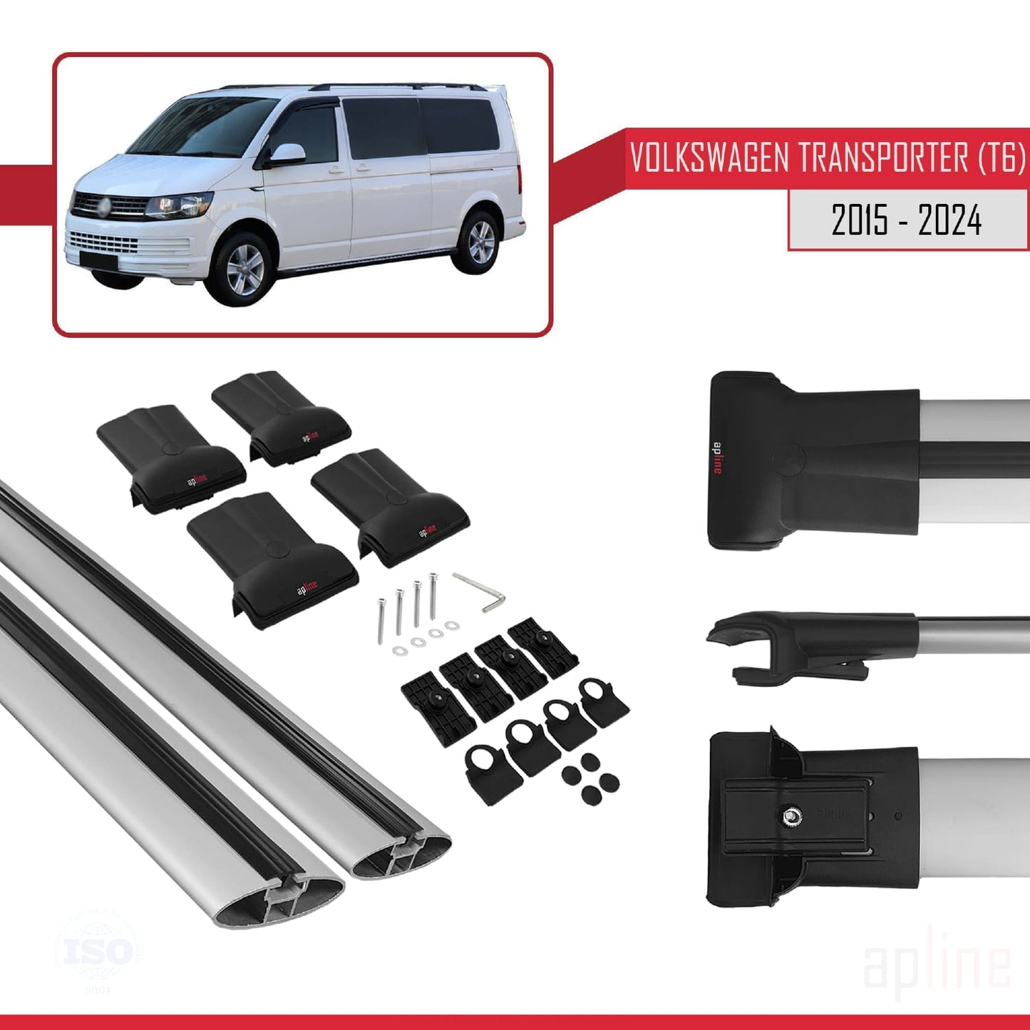 Compatible avec Volkswagen T6 Transporter 2015-2024 FLY Model Barres de Toit Railing Porte-Bagages de Voiture Gris Aluminium 2 Barres