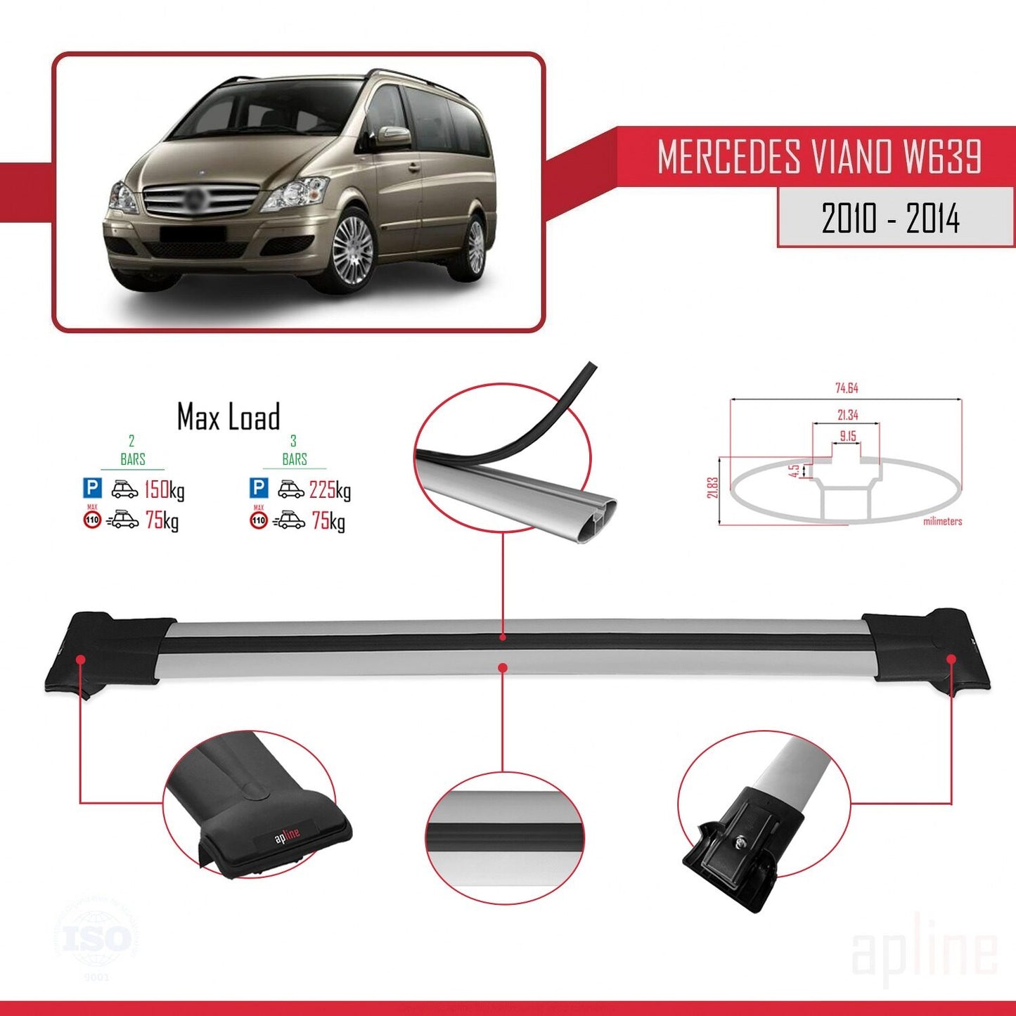 Compatible avec Mercedes Viano 2 (W639) Post-Facelift 2010-2014 FLY Model Barres de Toit Railing Porte-Bagages de Voiture Gris Aluminium 2 Barres
