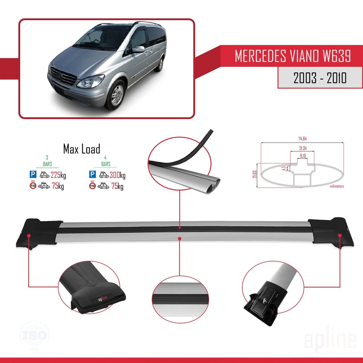 Compatible avec Mercedes Viano 2 (W639) Pre-Facelift 2003-2010 FLY Model Barres de Toit Railing Porte-Bagages de Voiture Gris Aluminium 3 Barres