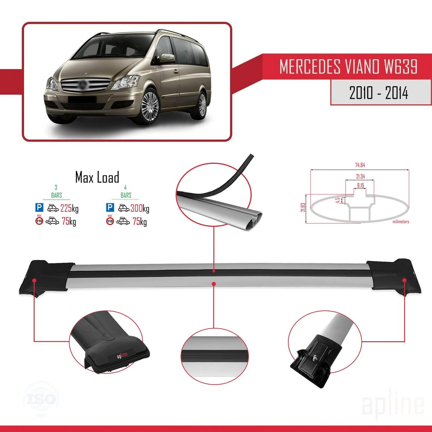 Compatible avec Mercedes Viano 2 (W639) Post-Facelift 2010-2014 FLY Model Barres de Toit Railing Porte-Bagages de Voiture Gris Aluminium 4 Barres