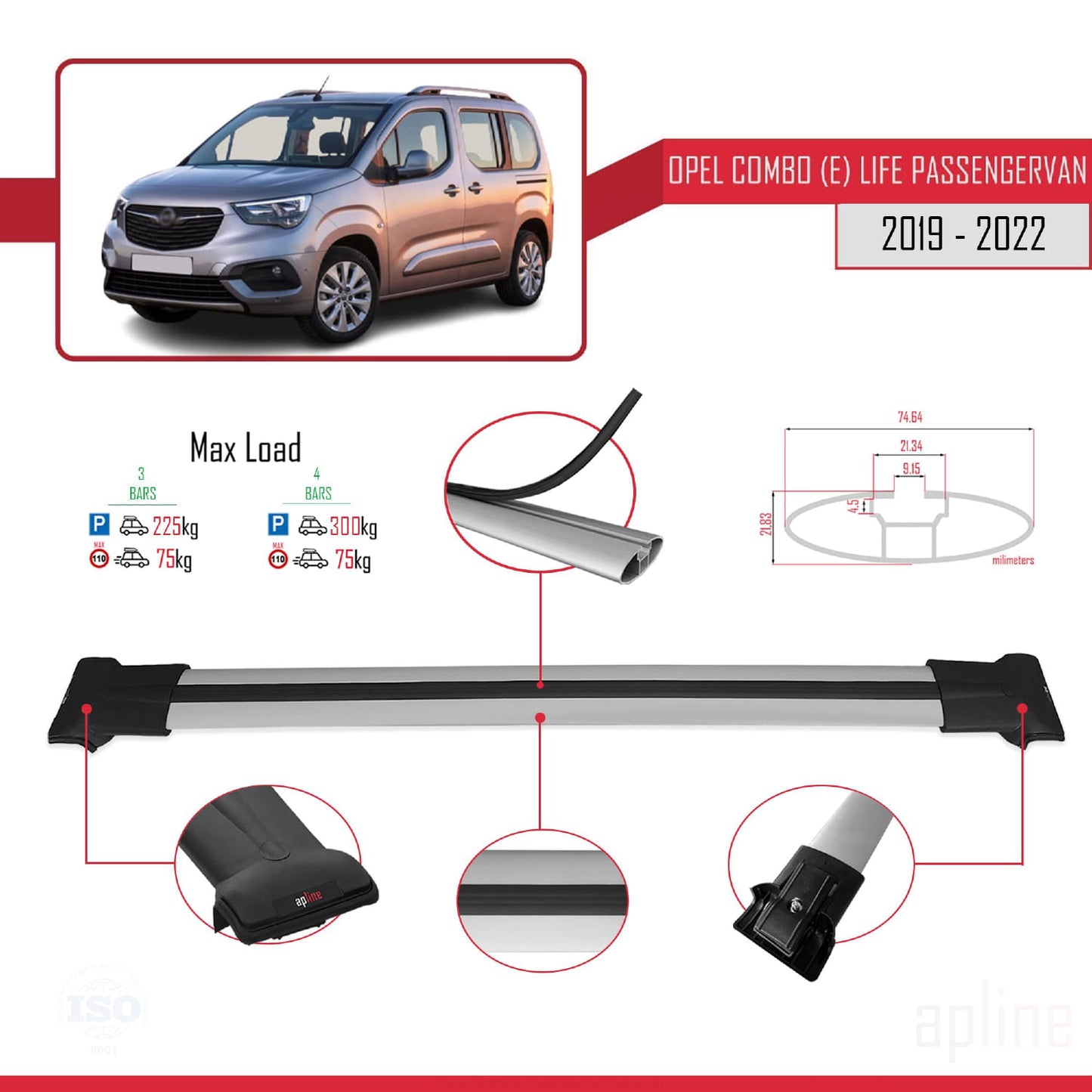 Compatible avec Opel Combo E Cargo 2019-2022 FLY Model Barres de Toit Railing Porte-Bagages de Voiture Gris Aluminium 3 Barres