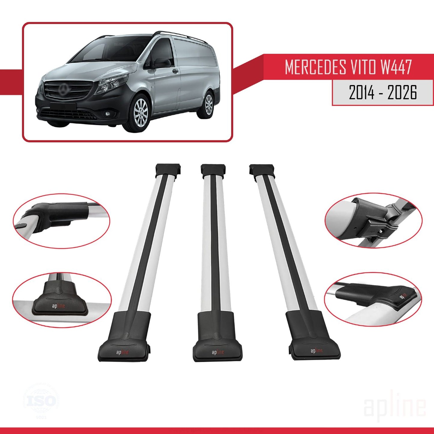Compatible avec Mercedes Vito 3 (W447) 2014-2025 FLY Model Barres de Toit Railing Porte-Bagages de Voiture Gris Aluminium 3 Barres