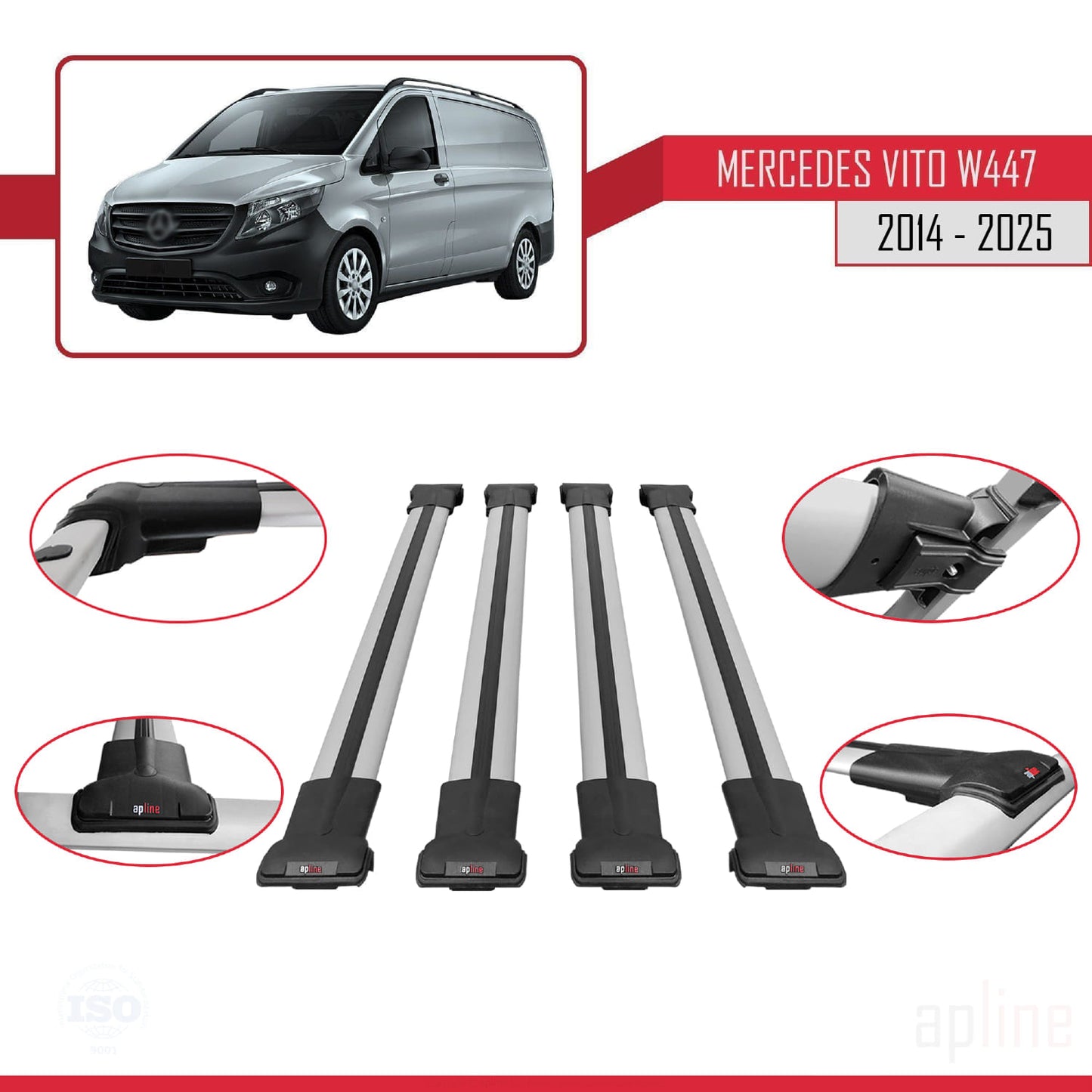 Compatible avec Mercedes Vito 3 (W447) 2014-2025 FLY Model Barres de Toit Railing Porte-Bagages de Voiture Gris Aluminium 4 Barres