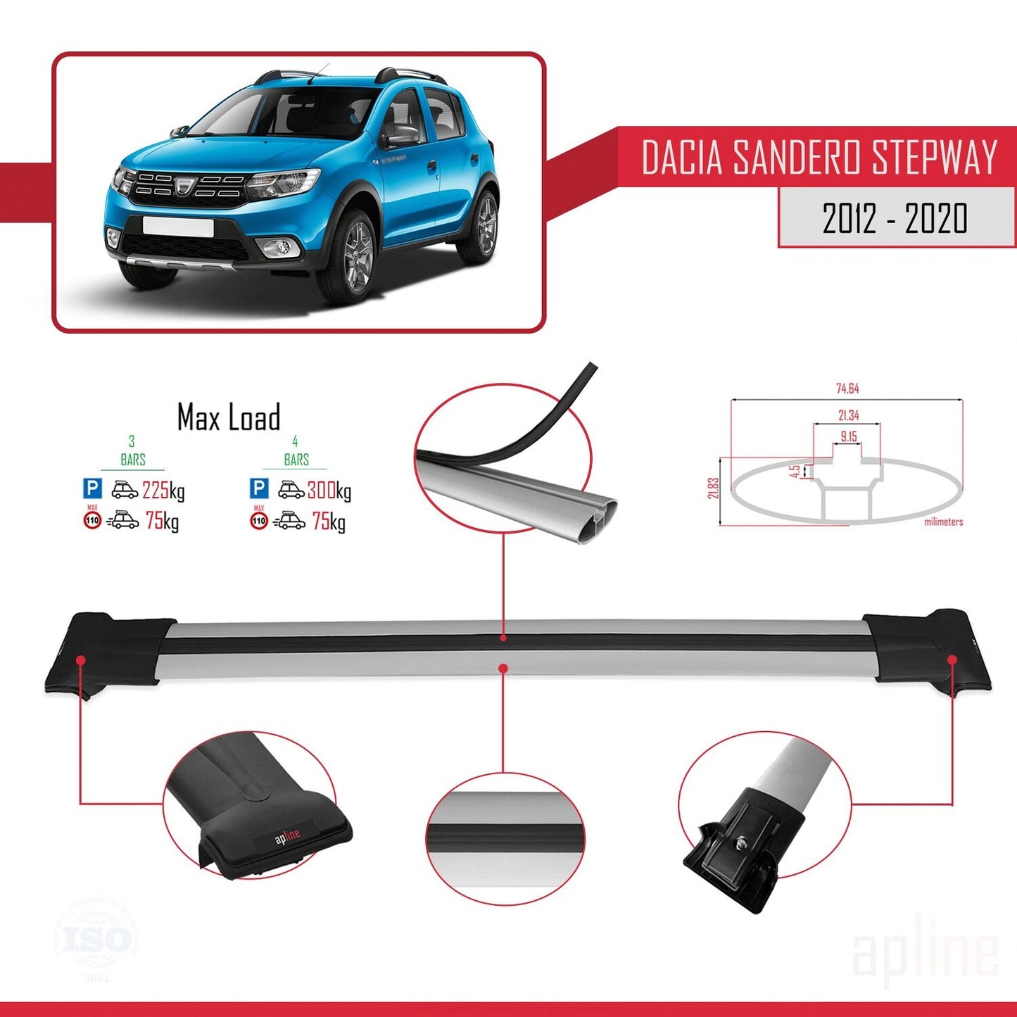 Kompatibel mit Dacia Sandero Stepway 2 2012-2020 FLY Modell Dachgepäckträger, graues Aluminium, 3-Stangen