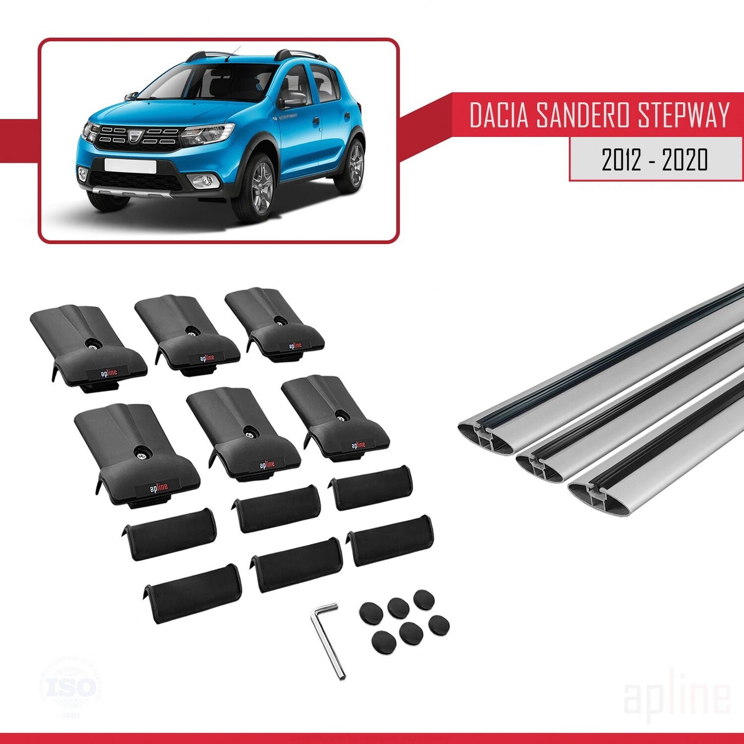 Kompatibel mit Dacia Sandero Stepway 2 2012-2020 FLY Modell Dachgepäckträger, graues Aluminium, 3-Stangen