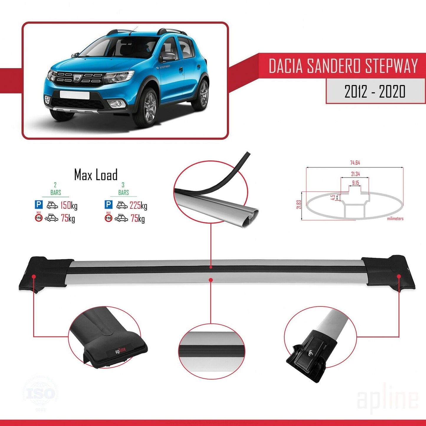 Compatible avec Dacia Sandero Stepway 2 2012-2020 FLY Model Barres de Toit Railing Porte-Bagages de Voiture Gris Aluminium 2 Barres