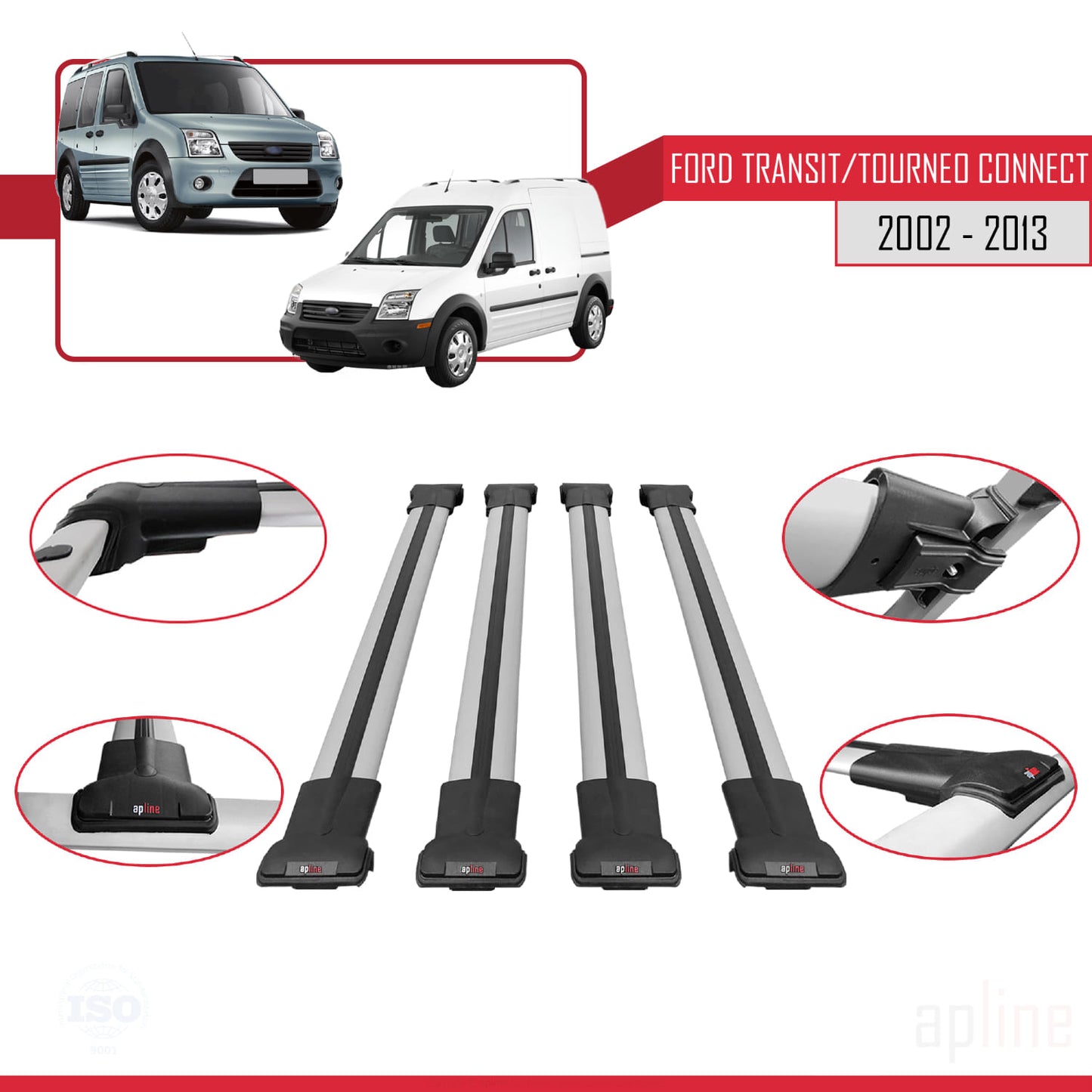 Compatible with Ford Transit/Tourneo Connect 2002-2013 FLY Model Car Roof Rack Cross Bar Grey Aluminium 4 Bars
