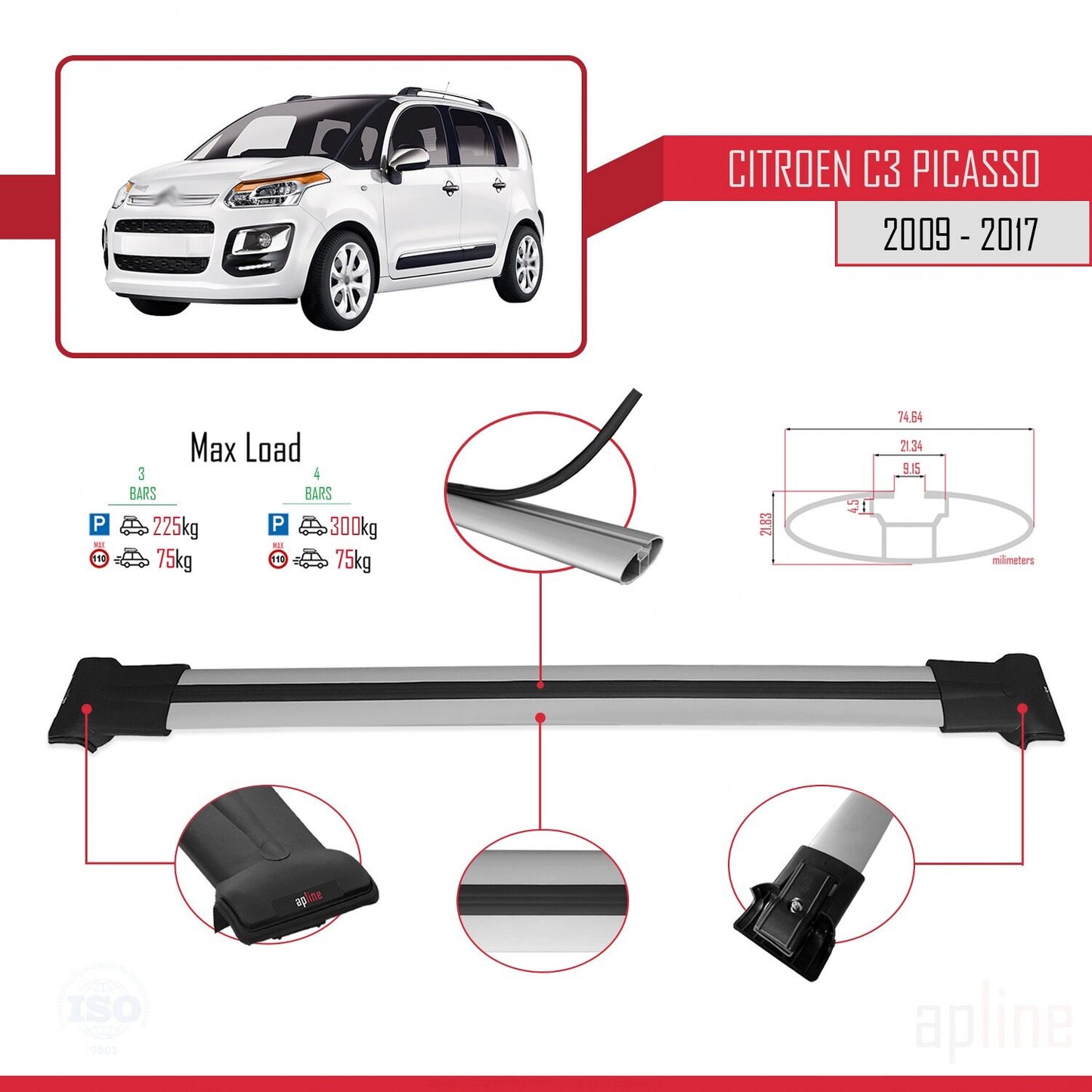 Compatible avec Citroen C3 Picasso 2009-2017 FLY Model Barres de Toit Railing Porte-Bagages de Voiture Gris Aluminium 3 Barres