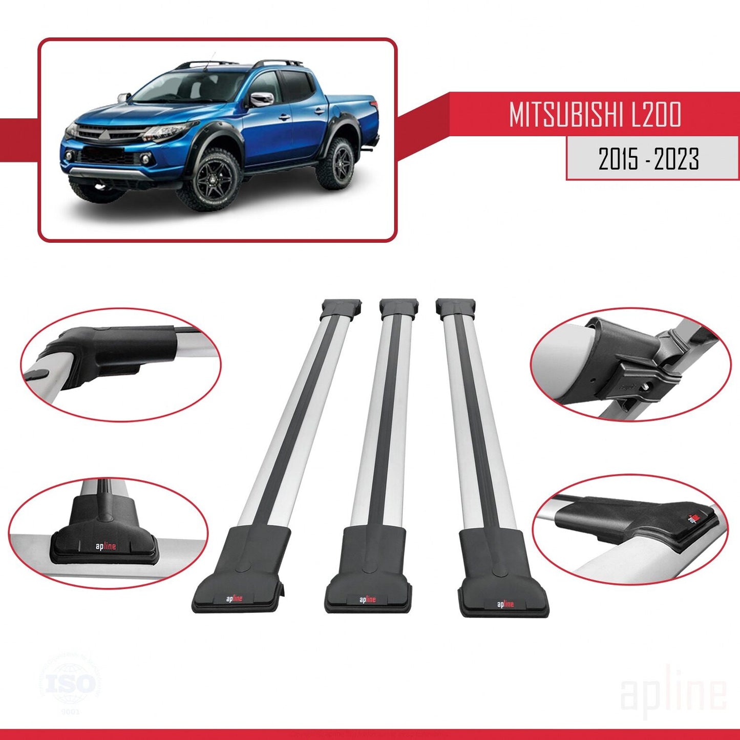 Compatible with Mitsubishi L200 V 2015-2023 FLY Model Car Roof Rack Cross Bar Grey Aluminium 3 Bars