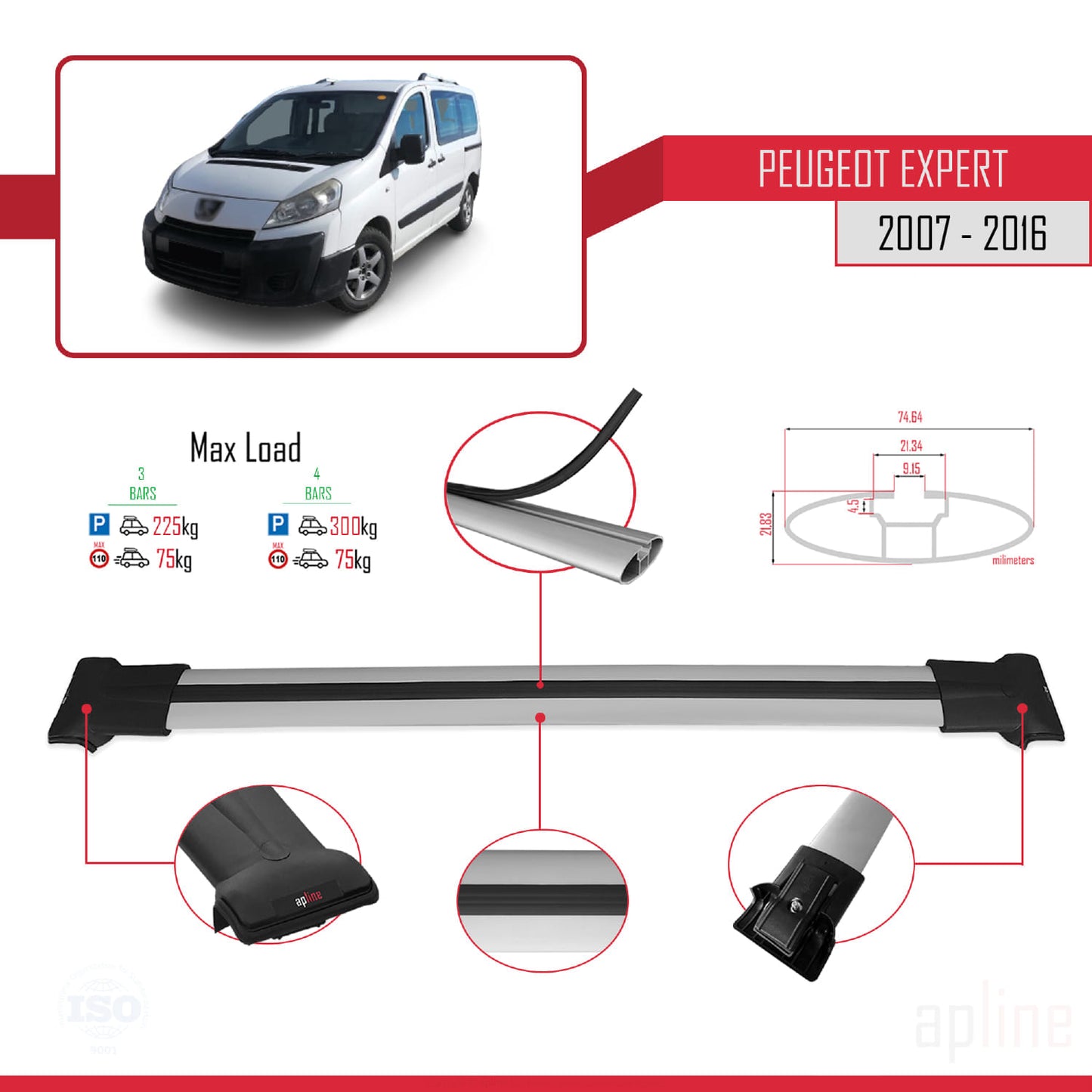 Compatible with Peugeot Expert 2 2007-2016 FLY Model Car Roof Rack Cross Bar Grey Aluminium 3 Bars