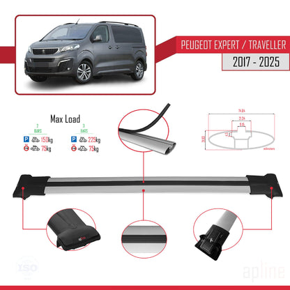 Compatible avec Peugeot Expert 3 Traveller 2017-2025 FLY Model Barres de Toit Railing Porte-Bagages de Voiture Gris Aluminium 2 Barres