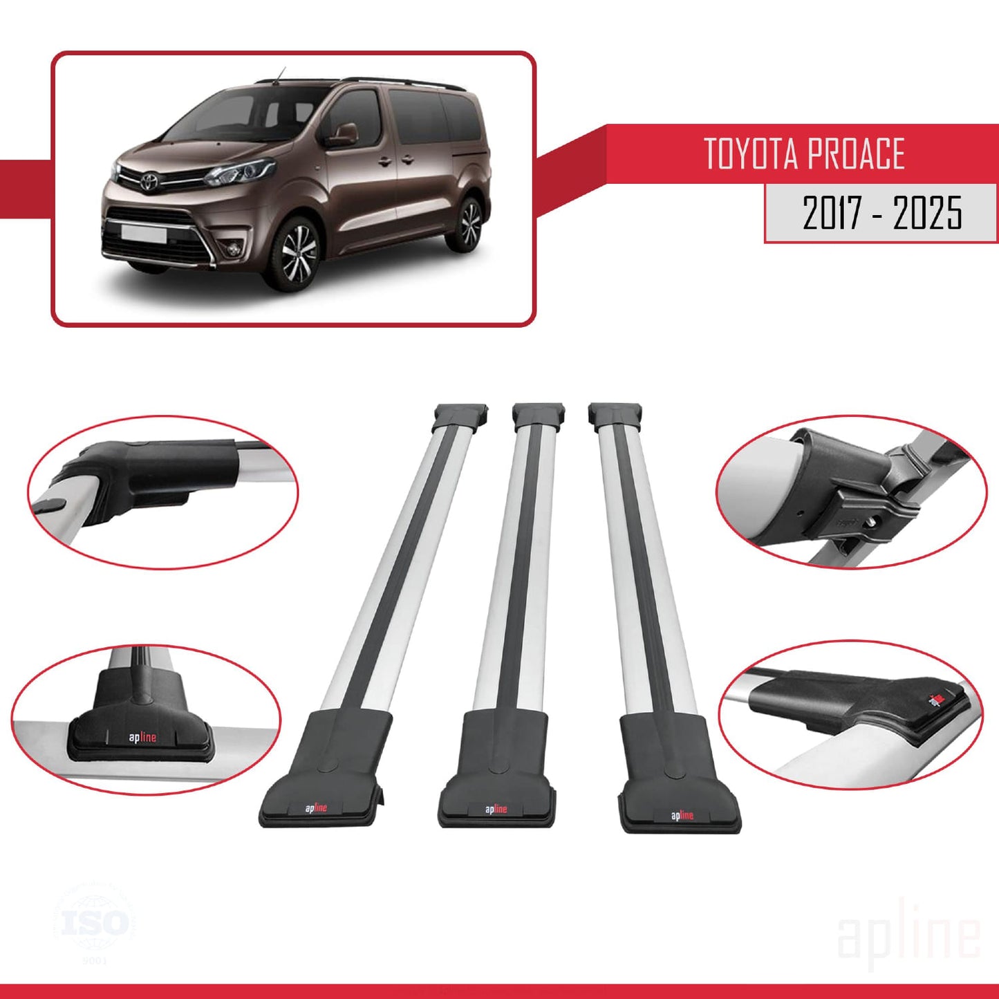 Compatible avec Toyota Proace 2017-2025 FLY Model Barres de Toit Railing Porte-Bagages de Voiture Gris Aluminium 3 Barres