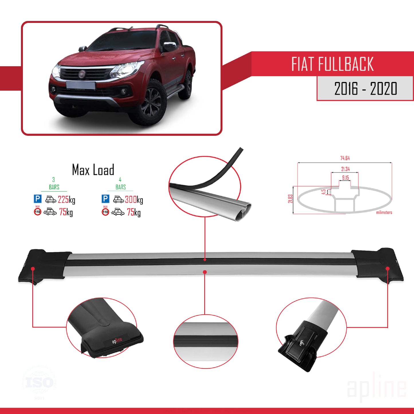 Compatible avec Fiat Fullback 2016-2020 FLY Model Barres de Toit Railing Porte-Bagages de Voiture Gris Aluminium 3 Barres