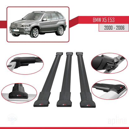 Kompatibel mit BMW X5 (E53) 2000-2006 FLY Modell Dachgepäckträger, schwarzes Aluminium, 3-teilig