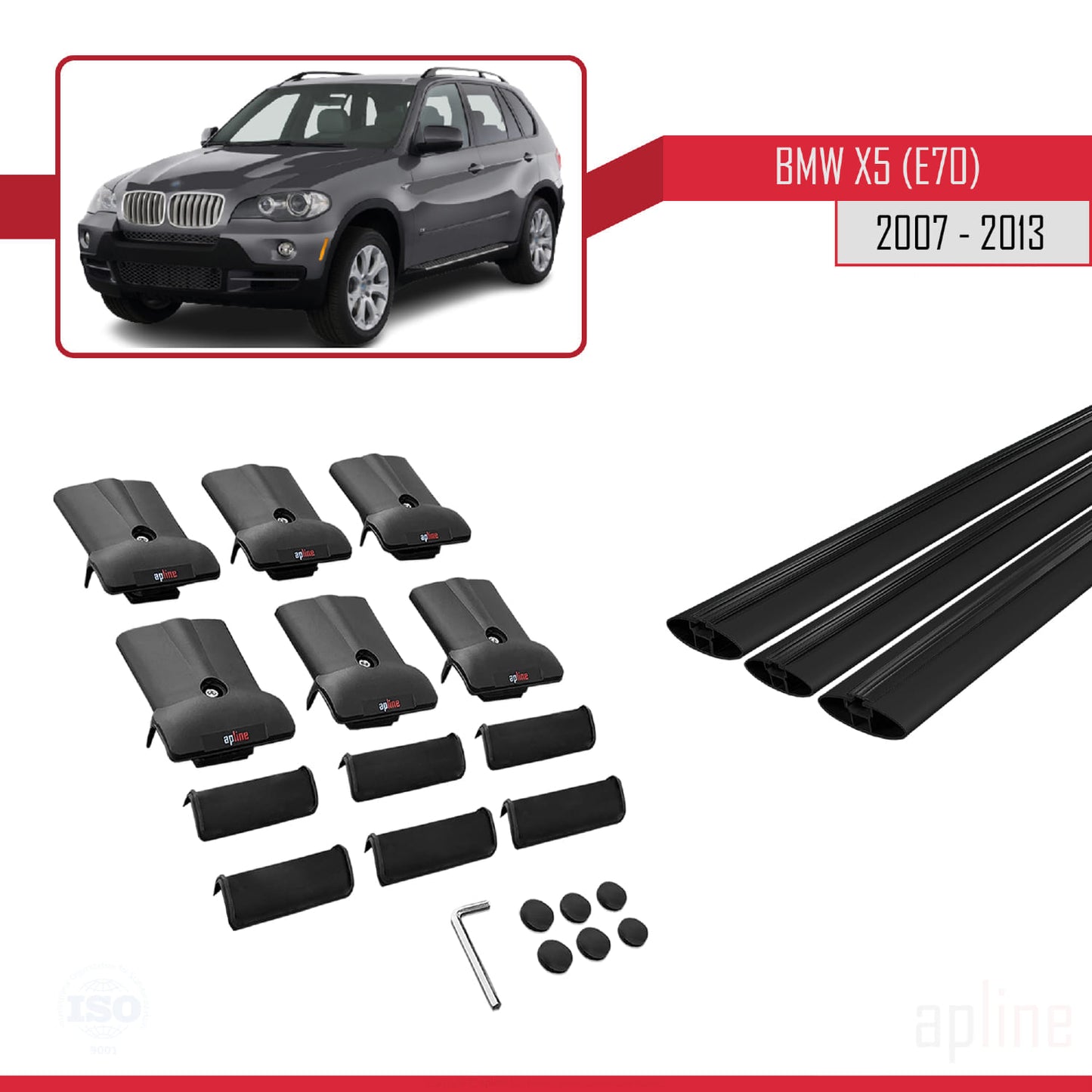 Kompatibel mit BMW X5 (E70) 2007-2013 FLY Modell Dachgepäckträger, schwarzes Aluminium, 3-teilig