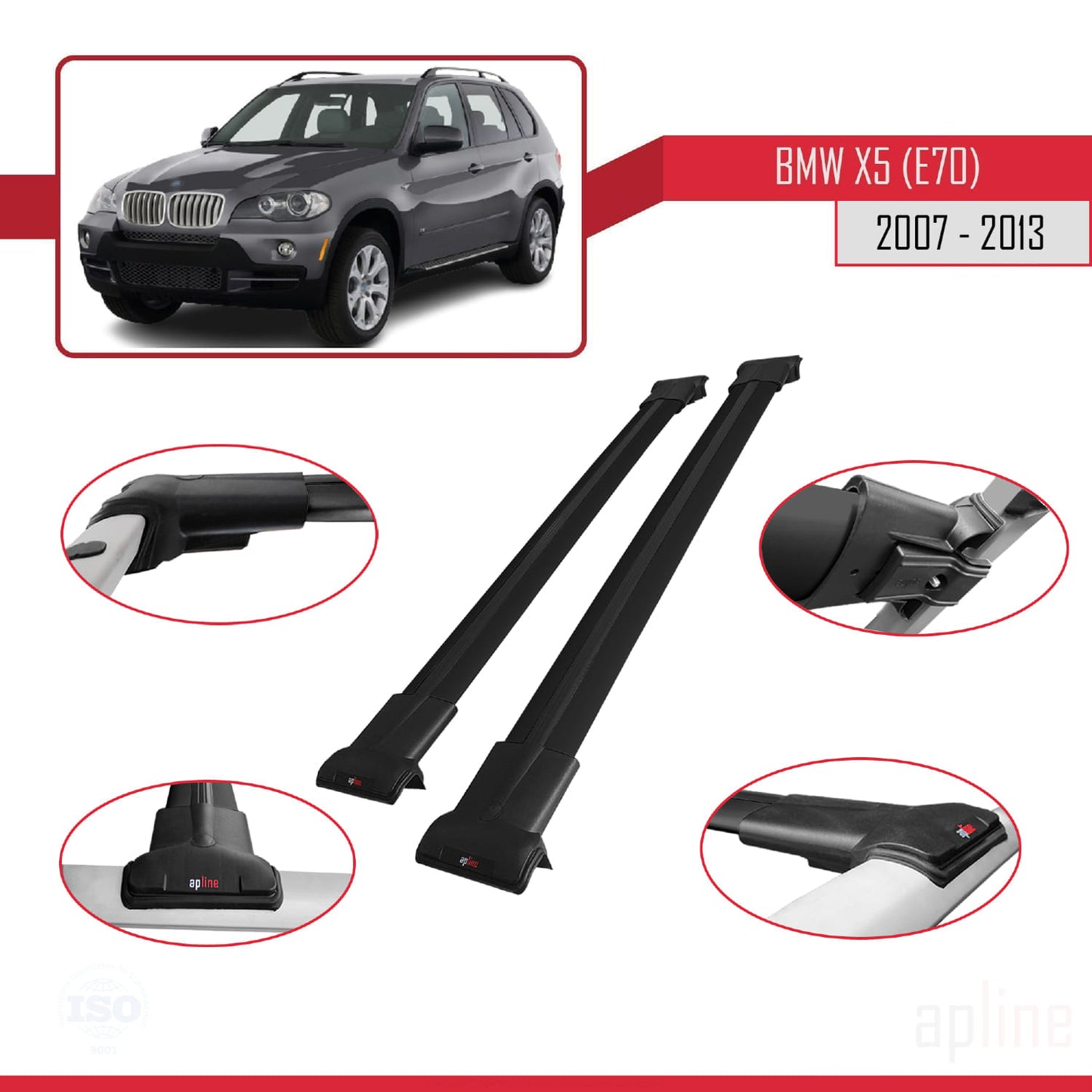 Kompatibel mit BMW X5 (E70) 2007-2013 FLY Modell Dachgepäckträger, schwarzes Aluminium, 2 Stangen