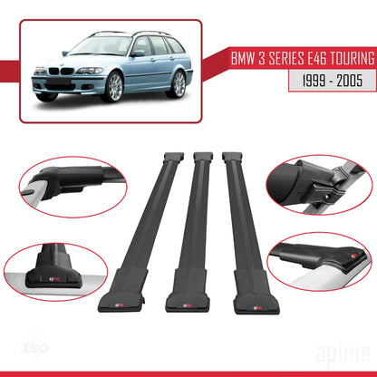 Compatible avec BMW Série 3 (E46) Touring 1999-2005 FLY Model Barres de Toit Railing Porte-Bagages de Voiture Noir Aluminium 3 Barres