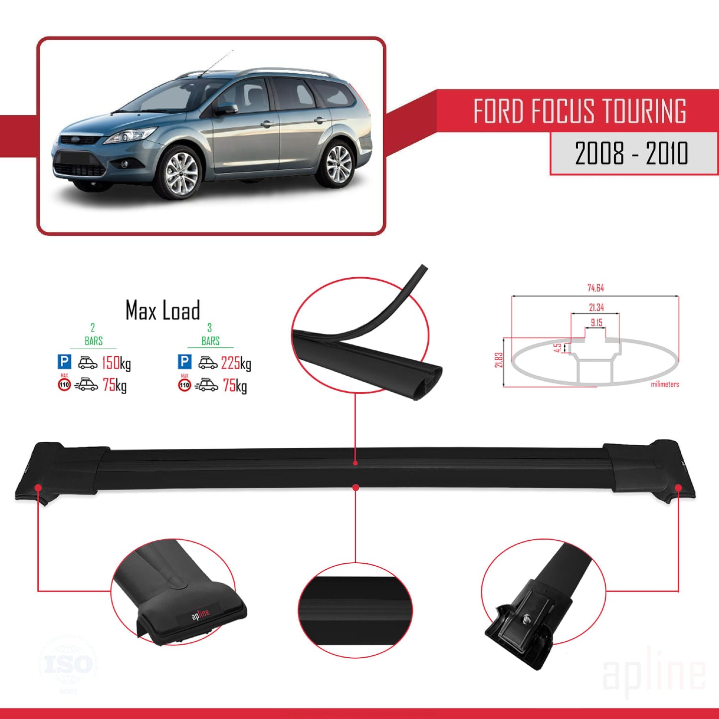 Compatible avec Ford Focus 2 (C307) Turnier 2008-2010 FLY Model Barres de Toit Railing Porte-Bagages de Voiture Noir Aluminium 2 Barres