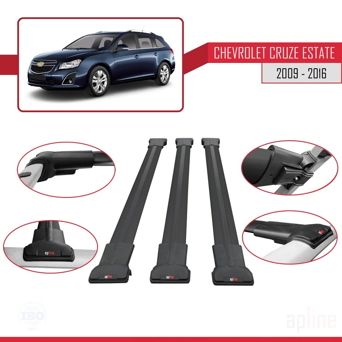 Kompatibel mit Chevrolet Cruze (J300) 2009-2016 FLY Modell Dachgepäckträger, schwarzes Aluminium, 3 Stangen