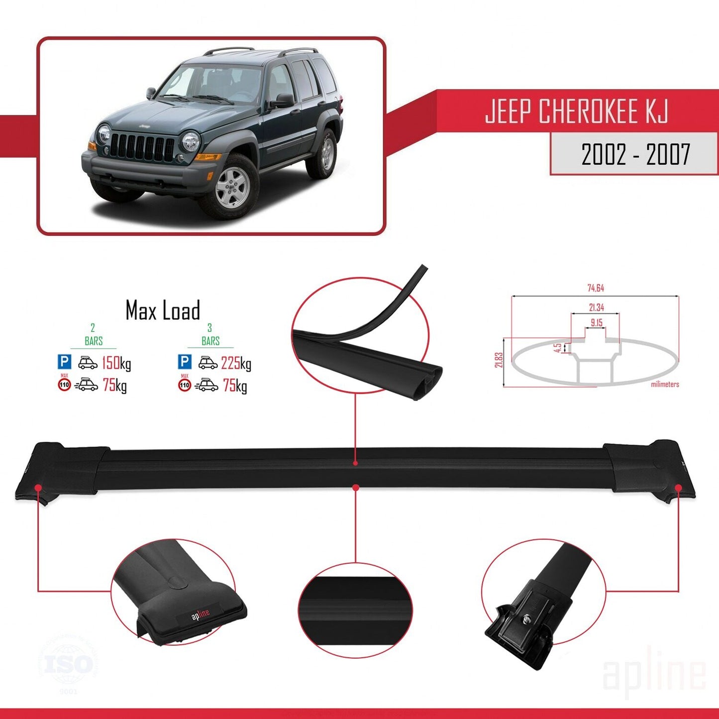 Compatible with Jeep Cherokee 3 (KJ) 2002-2007 FLY Model Car Roof Rack Cross Bar Black Aluminium 2 Bars