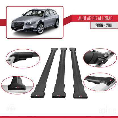 Compatible avec A6 (C6) Allroad 2006-2011 FLY Model Barres de Toit Railing Porte-Bagages de Voiture Noir Aluminium 3 Barres
