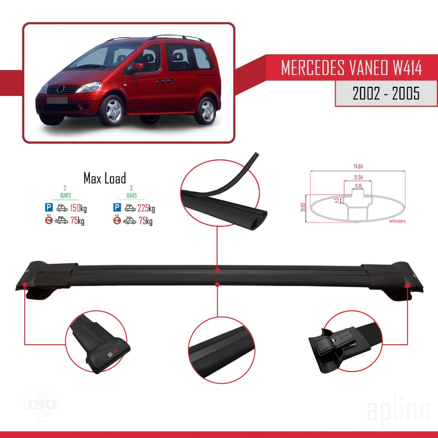 Compatible avec Mercedes Vaneo (W414) 2002-2005 FLY Model Barres de Toit Railing Porte-Bagages de Voiture Noir Aluminium 2 Barres