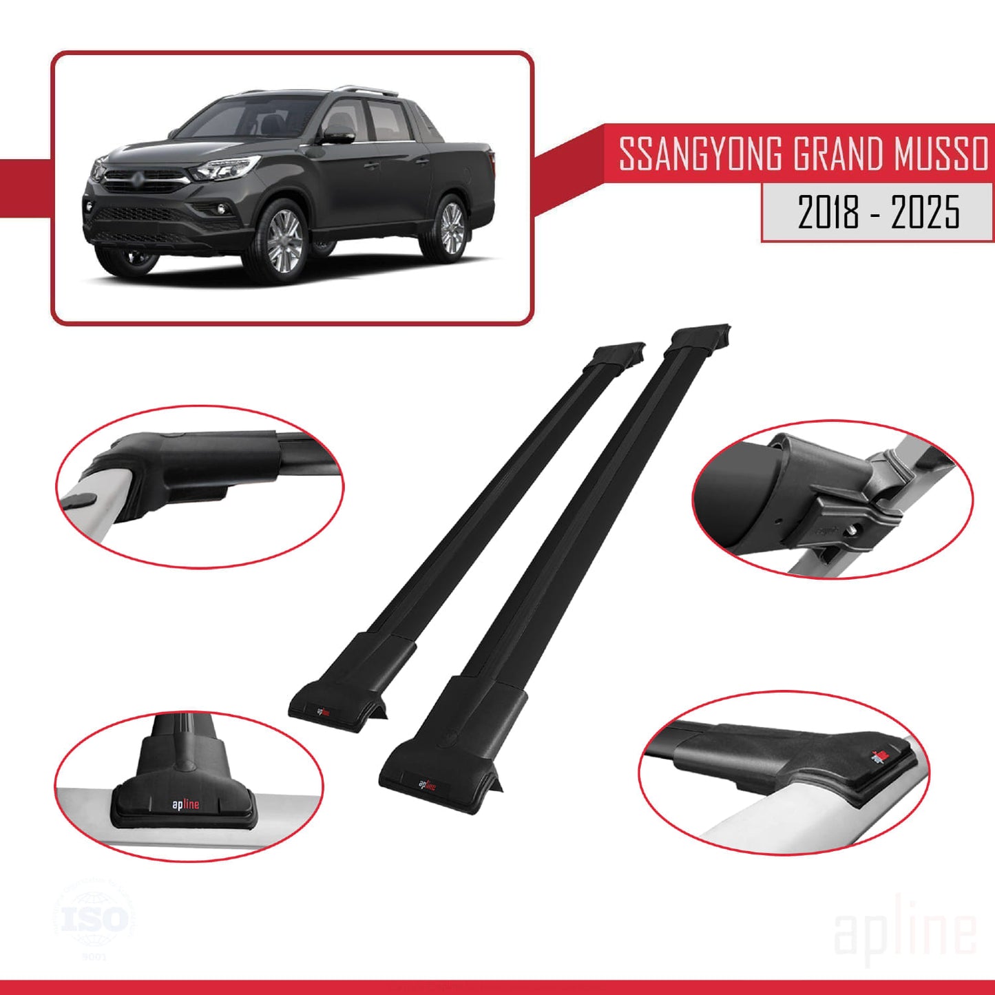Compatible avec Ssangyong Grand Musso 2018-2025 FLY Model Barres de Toit Railing Porte-Bagages de Voiture Noir Aluminium 2 Barres