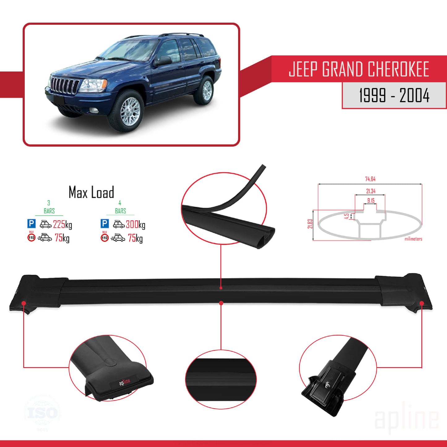 Compatible avec Jeep Grand Cherokee 2 (WJ) 1999-2004 FLY Model Barres de Toit Railing Porte-Bagages de Voiture Noir Aluminium 3 Barres